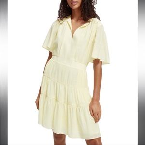 NEW Scotch & Soda Pastel Yellow Tiered Midi Dress Paneled Gathering Detail L